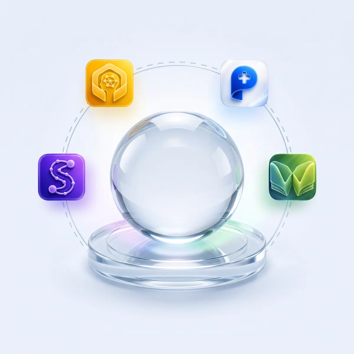 Die vier App-Icons von Prognia, Ward, Suture und Osler kreisen um eine Glaskugel auf einem gläsernen Sockel