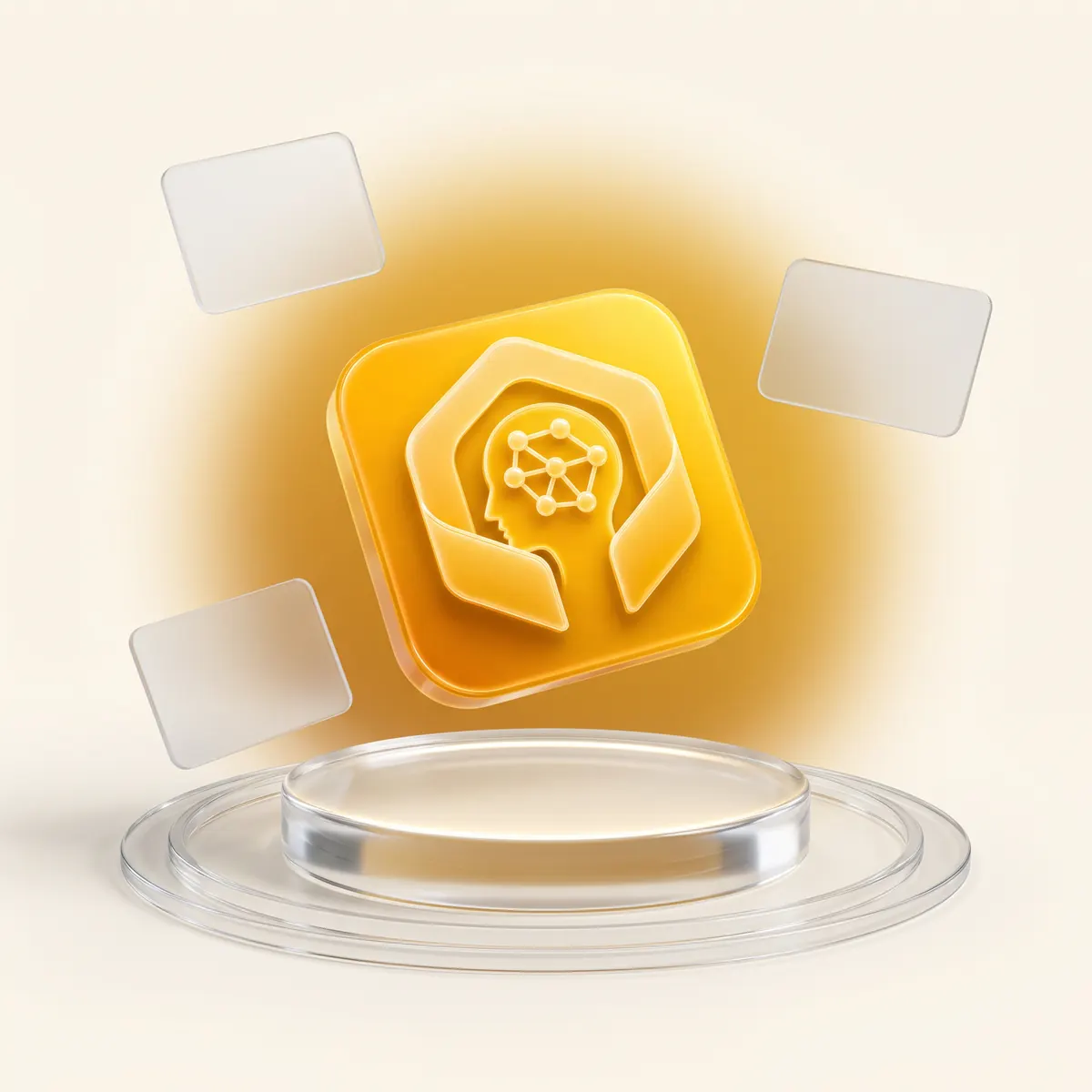The Osler app icon, a golden head with a network of connected points inside a hexagon, above a glass pedestal