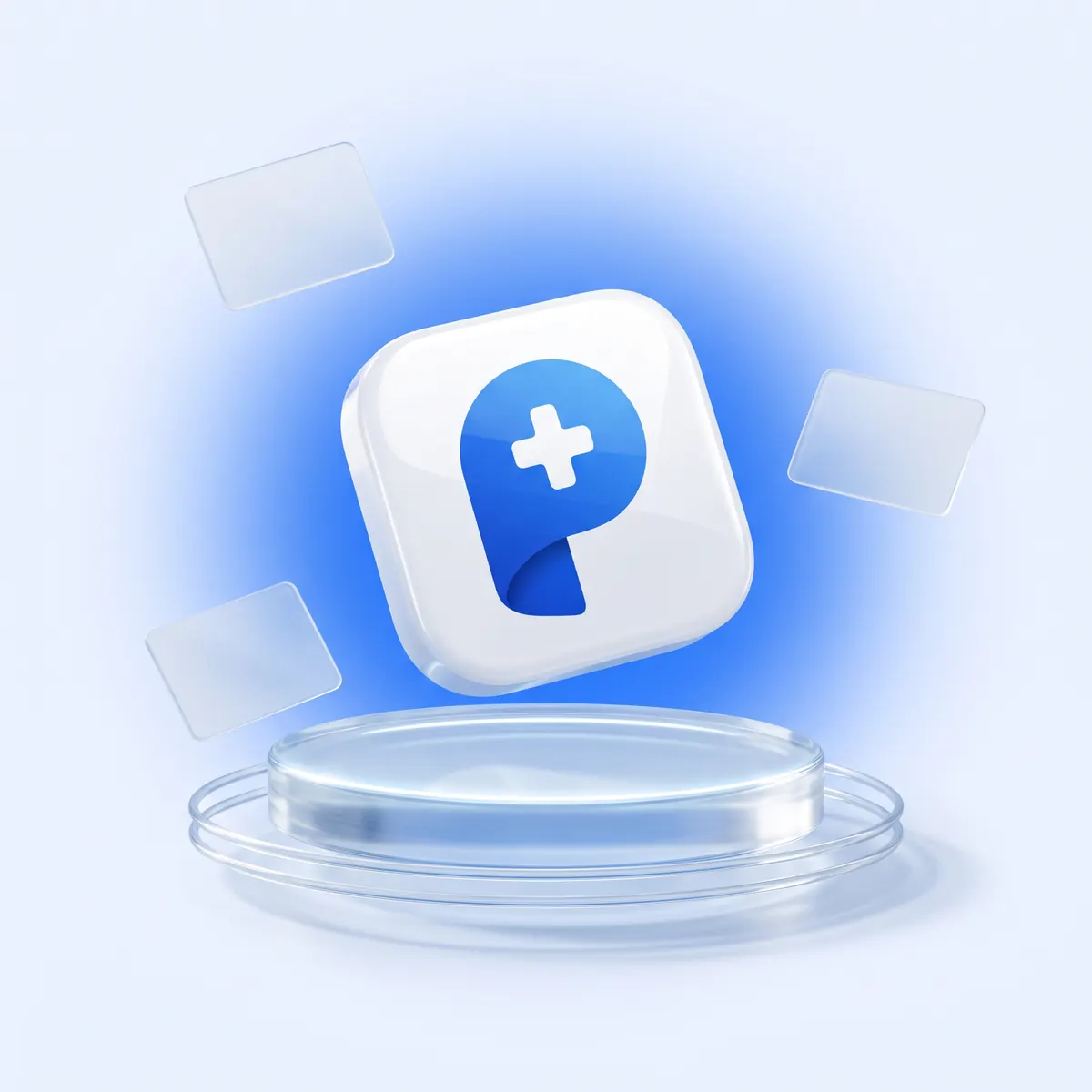 The Prognia app icon, a blue P with a medical cross, above a glass pedestal among floating glass cards