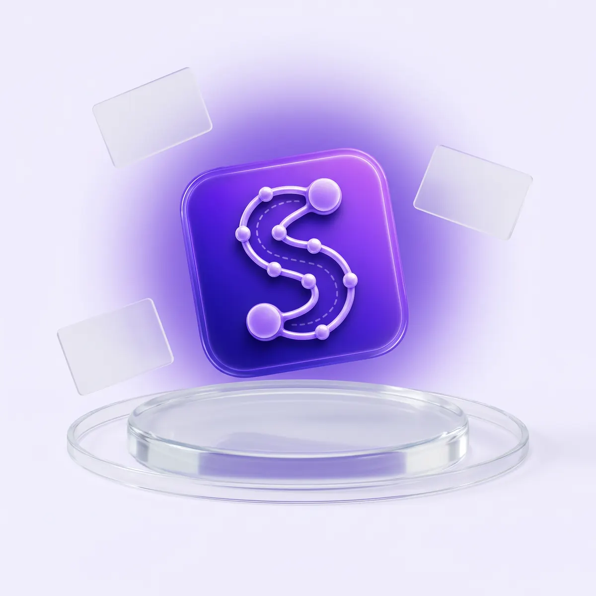 Das Suture-App-Icon, ein violettes S als Pfad aus verbundenen Punkten, über einem gläsernen Sockel zwischen Glaskarten