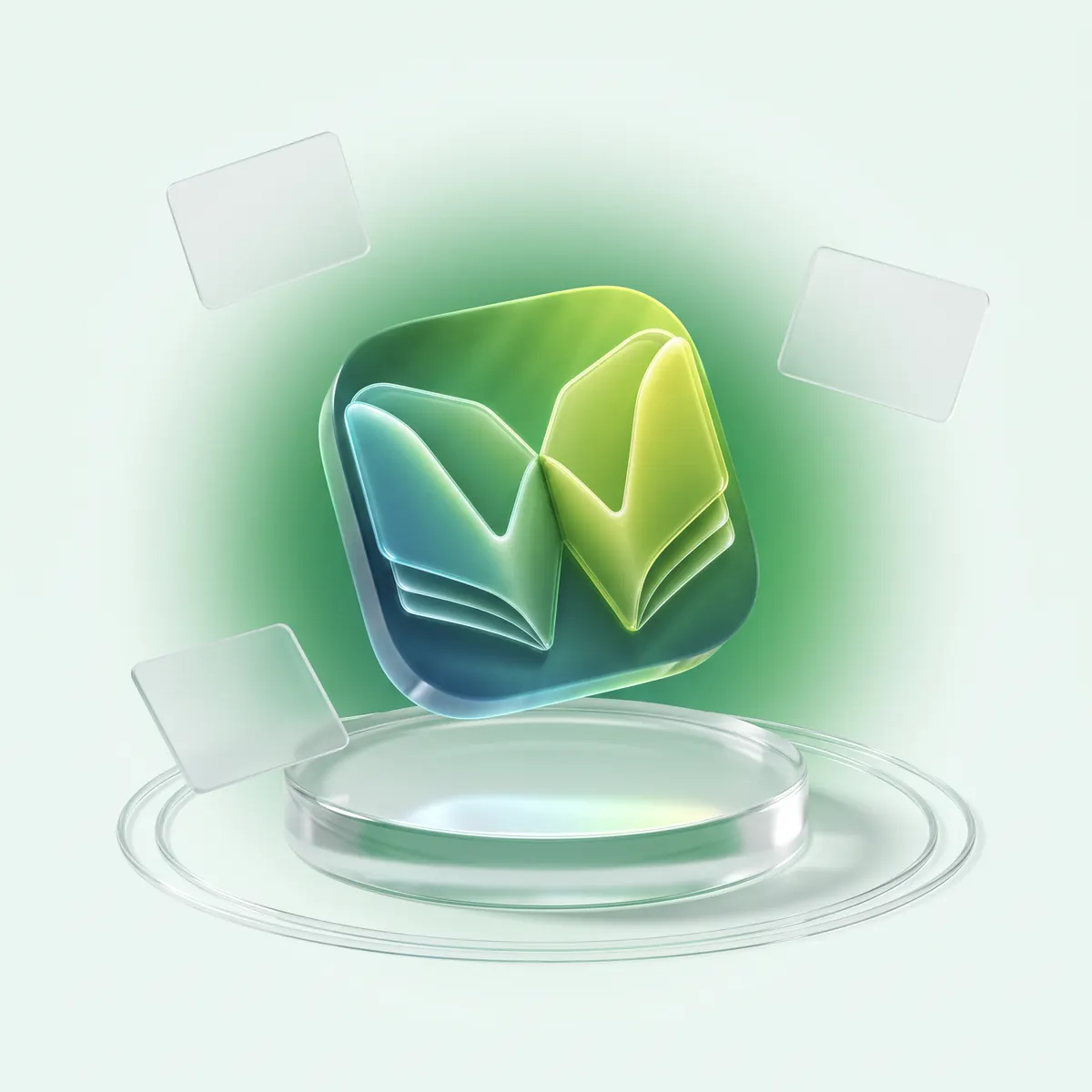 Het app-icoon van Ward, een groene W van opengeslagen boekpagina’s, boven een glazen voetstuk tussen zwevende glazen kaarten
