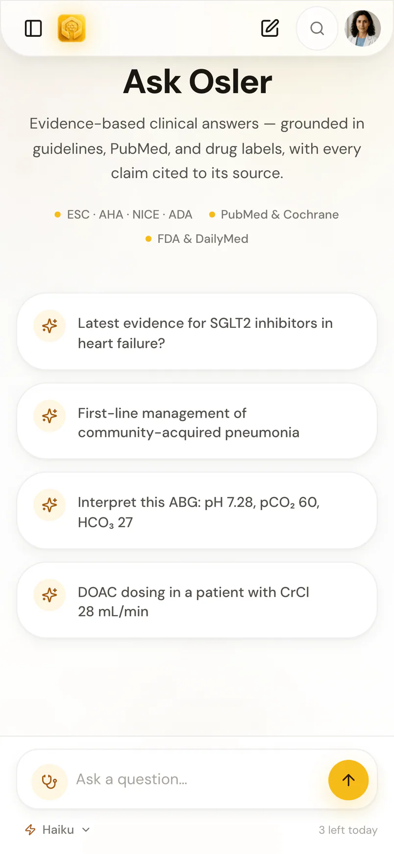 Osler in a phone browser: the start screen with the question field, the fast Haiku model and 3 questions left today