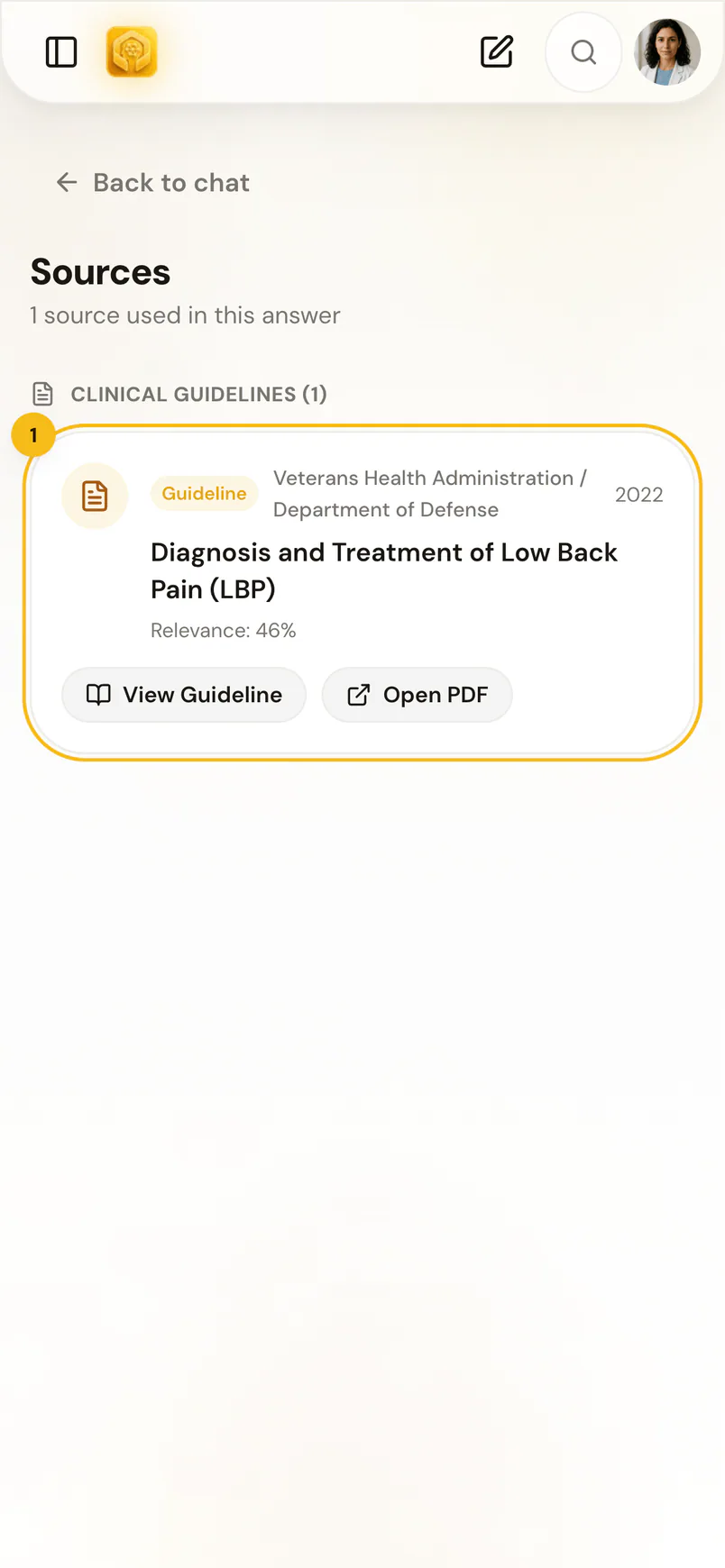Osler in a phone browser: the sources of an answer, a guideline card with buttons to view it or open the PDF