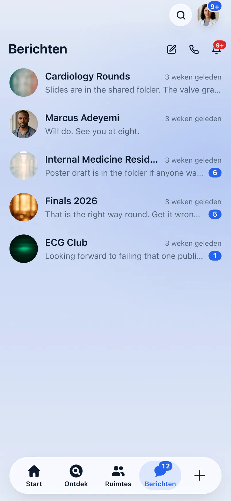 Prognia on iPhone: the messages inbox with group chats, previews and unread counts