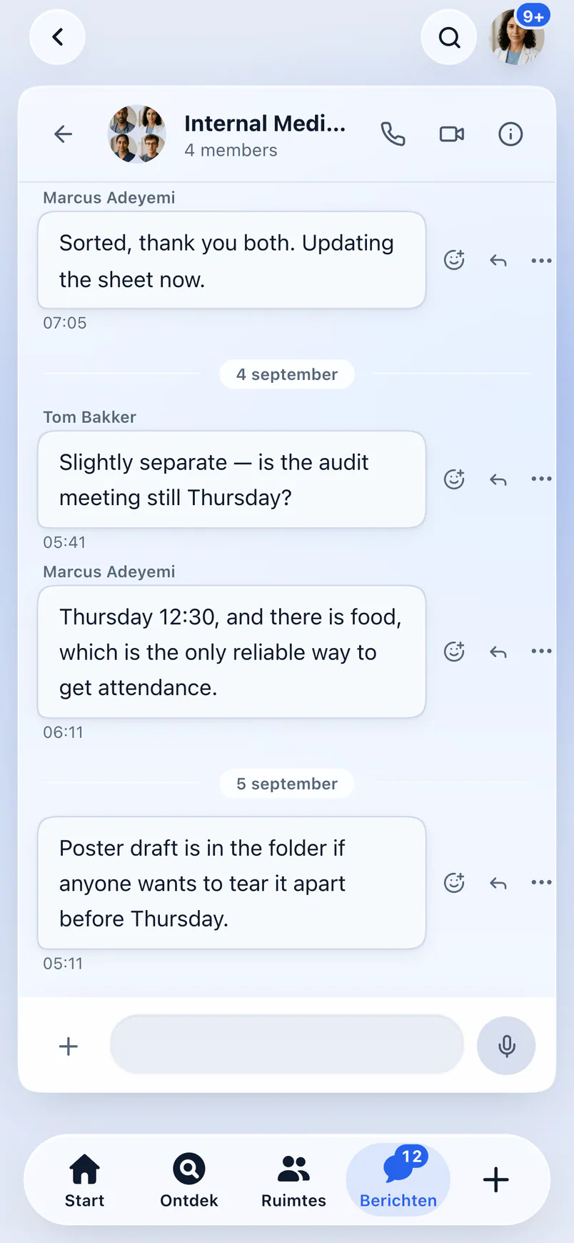 Prognia on iPhone: the Internal Medicine Residents group chat, with voice and video call buttons