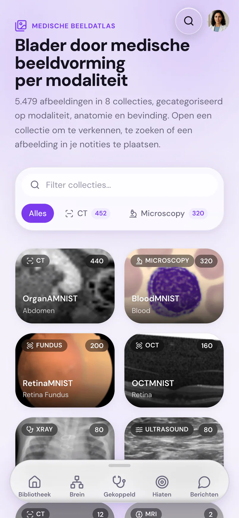 Suture op een telefoon: de medische beeldatlas, 5.479 beelden in collecties per modaliteit