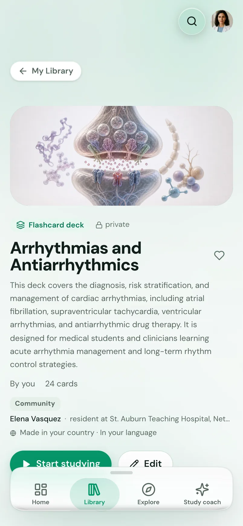 Ward auf dem iPhone: dein eigenes Deck Arrhythmias and Antiarrhythmics mit 24 Karten und einem Knopf zum Lernen