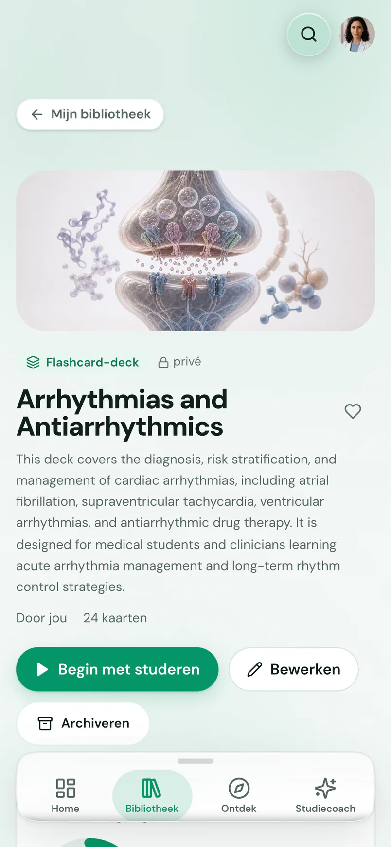 Ward op iPhone: je eigen deck Arrhythmias and Antiarrhythmics, met 24 kaarten en de knop Begin met studeren