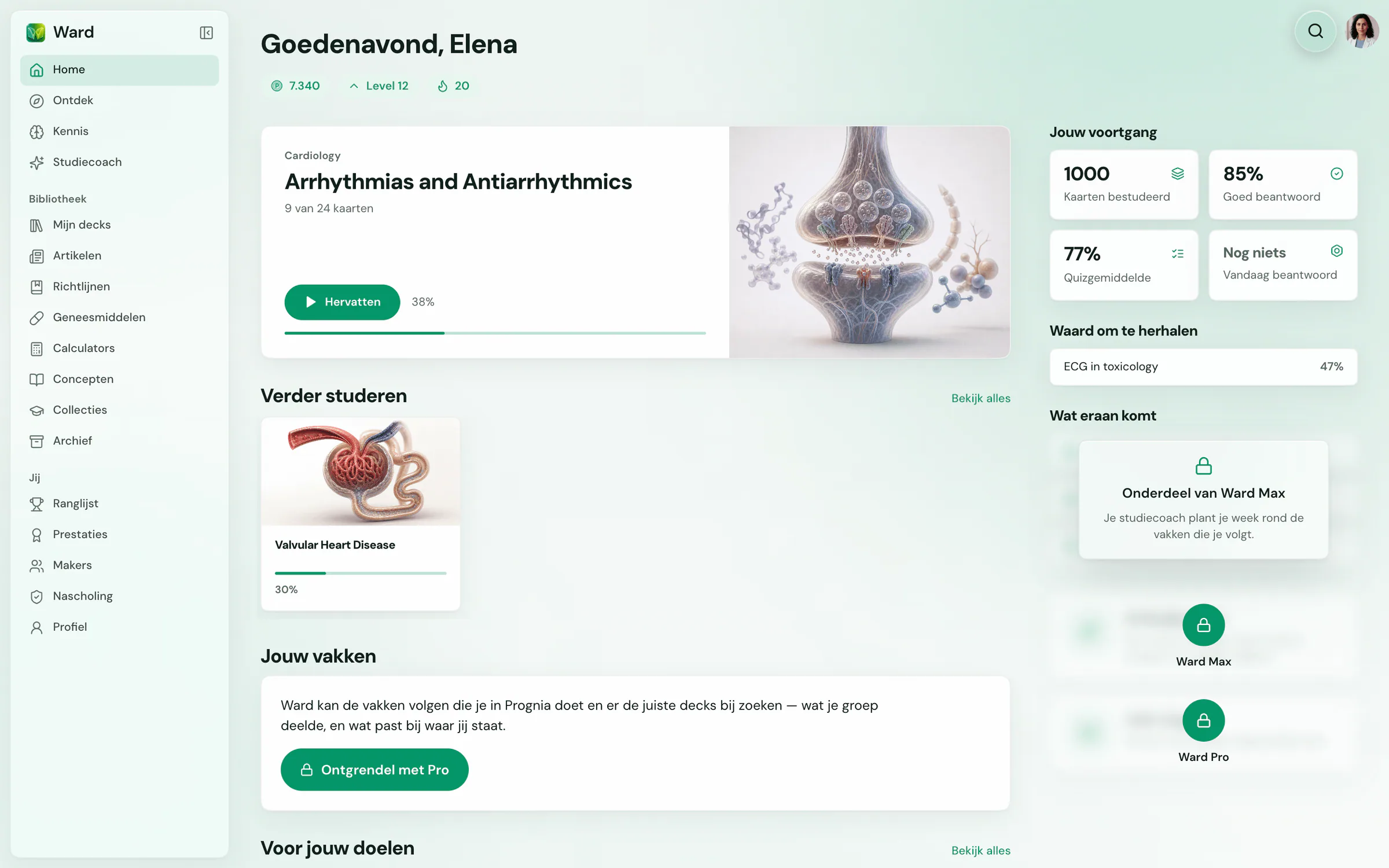 Ward op het web: het startscherm, waar de studiecoach als onderdeel van Ward Max wordt getoond